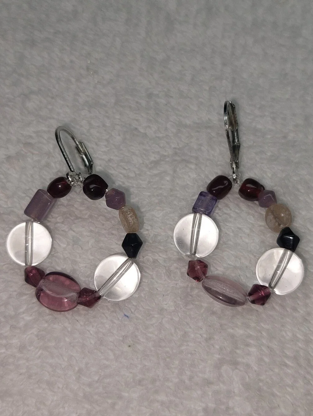 Multicolor Purple Glass Beaded Hoop Earrings Handmade Nwt